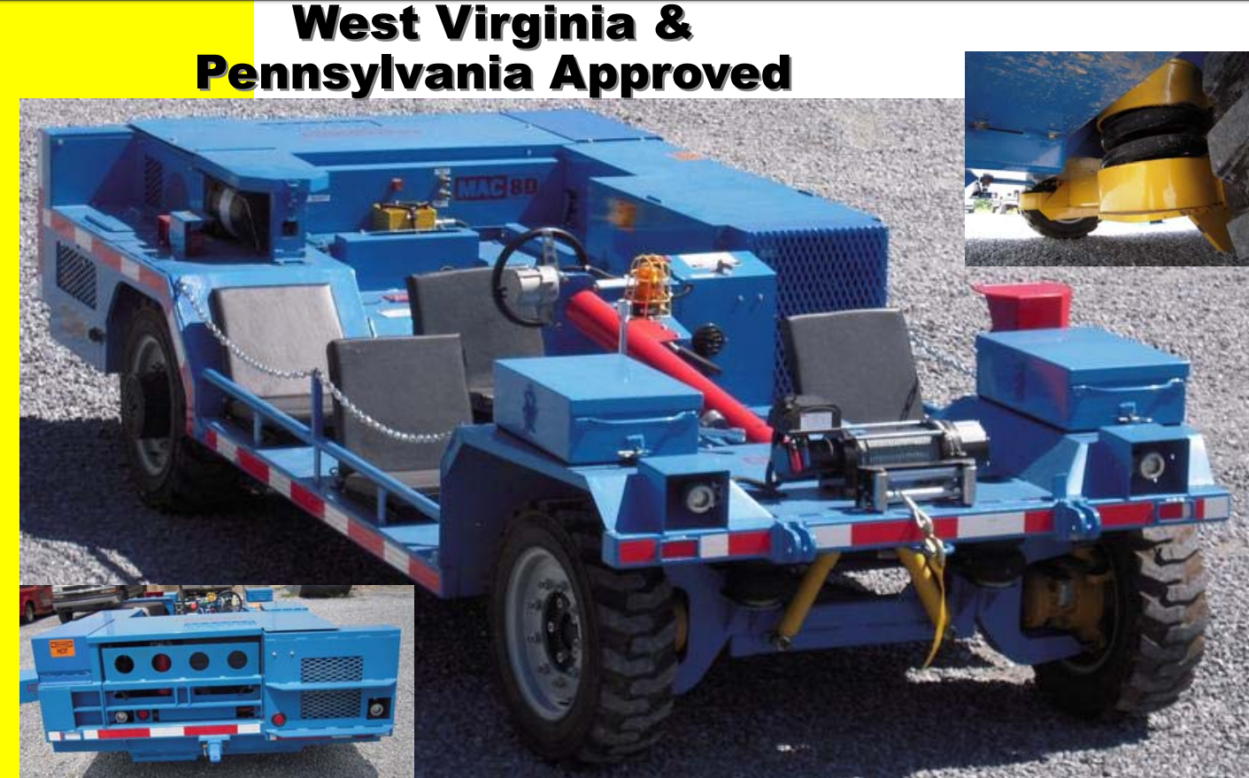 Blue road repair vehicle with safety markings; West Virginia & Pennsylvania approved.