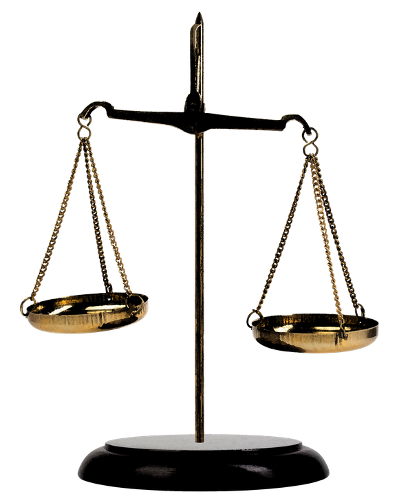 A pair of scales with gold chains on a white background.