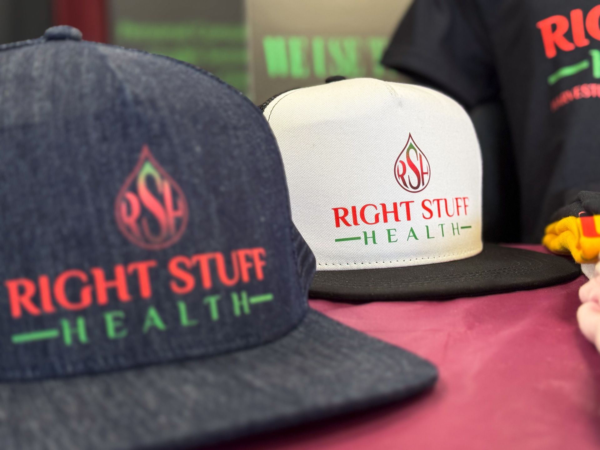 A hat that says right stuff health on it