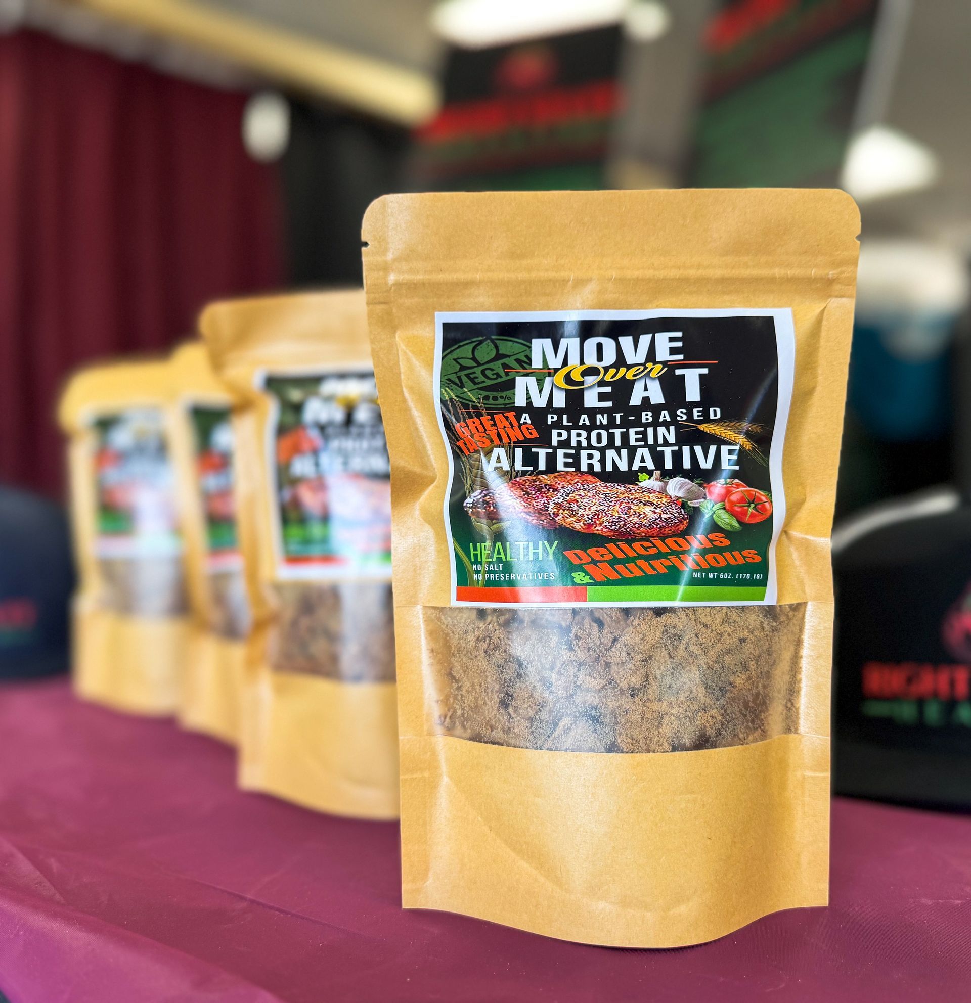A bag of move meat alternative sits on a table
