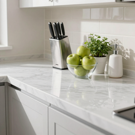 Bright white kitchen countertop with knife block, green apples, and herbs near a sink and soap dispenser