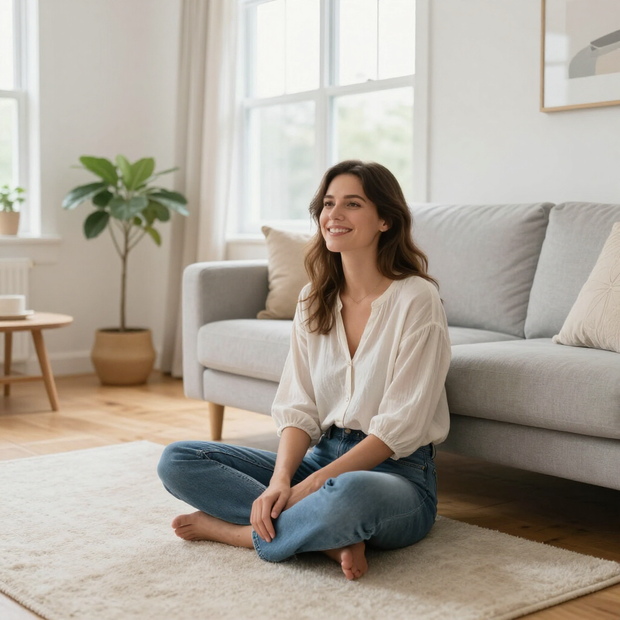 Woman sitting cross-legged on a rug in a bright living room, smiling beside a gray sofa and potted plant.