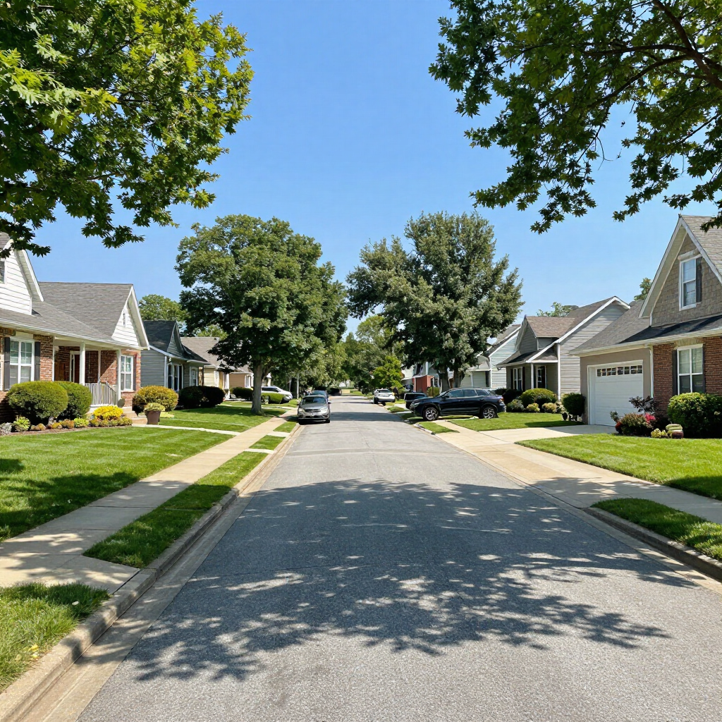 Quiet suburban street with houses, green lawns, and trees under a clear blue sky
