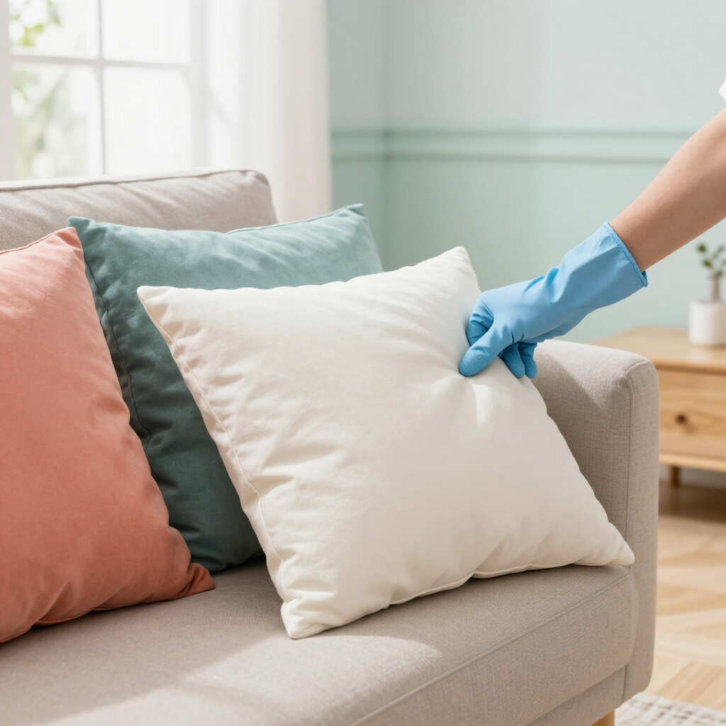 Gloved hand fluffing a white throw pillow on a beige sofa with pastel cushions in a bright living room
