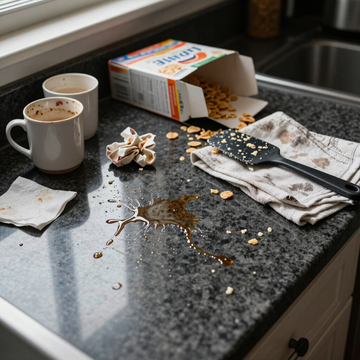 Spilled cereal and coffee on a kitchen counter with mugs, carton, napkins, and a bowl nearby.