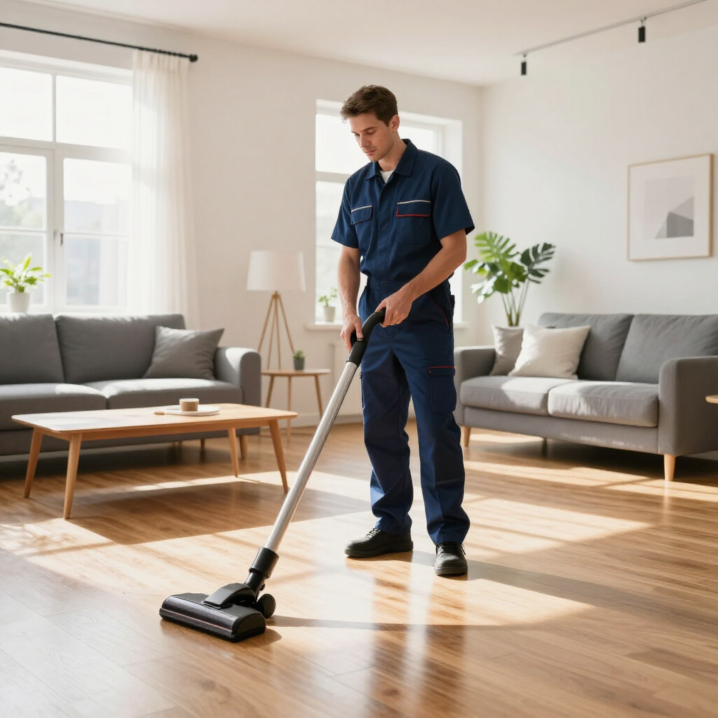 Technician vacuuming a bright living room with hardwood floors and gray sofas