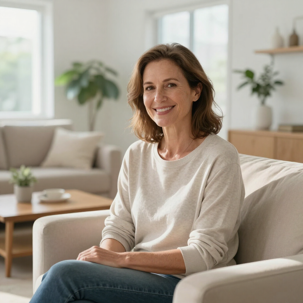 Smiling woman sitting on a beige couch in a bright living room