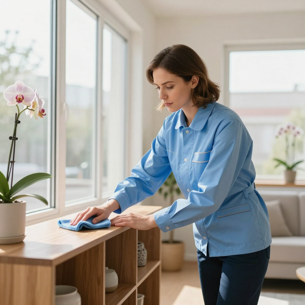 Woman in a blue shirt cleaning a wooden table in a bright living room.