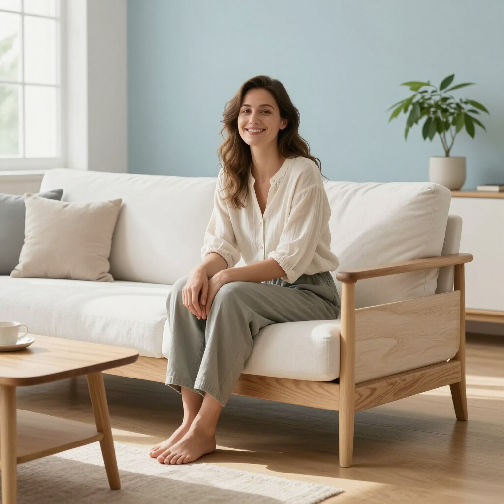 Woman sitting on a light wood sofa in a bright living room, smiling beside a white couch and potted plant