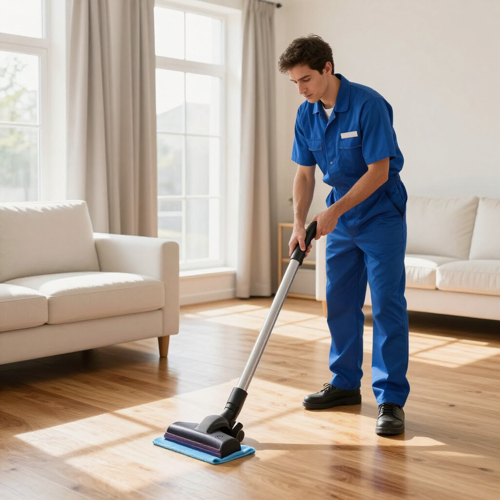 Cleaner in blue uniform vacuuming a bright living room with white sofas and hardwood floors