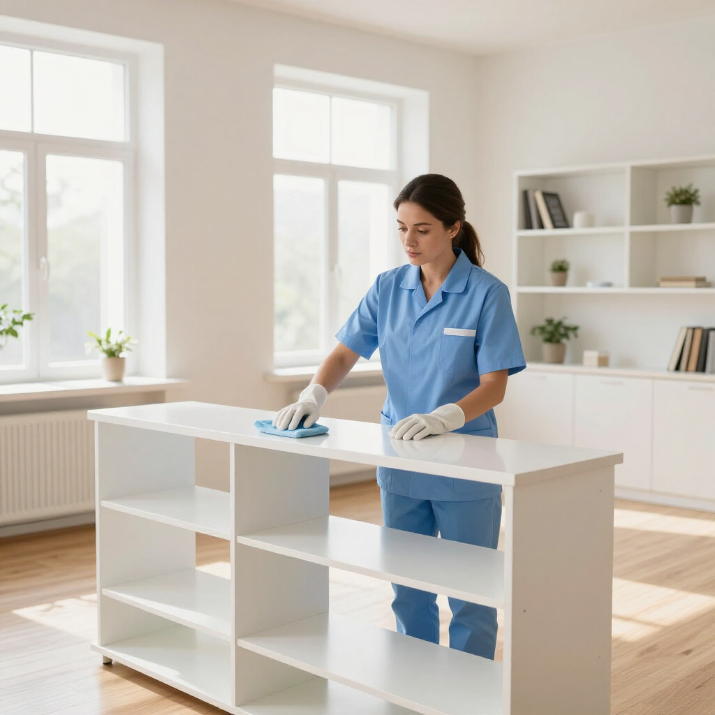 Cleaner wiping a white shelving unit in a bright, minimalist room