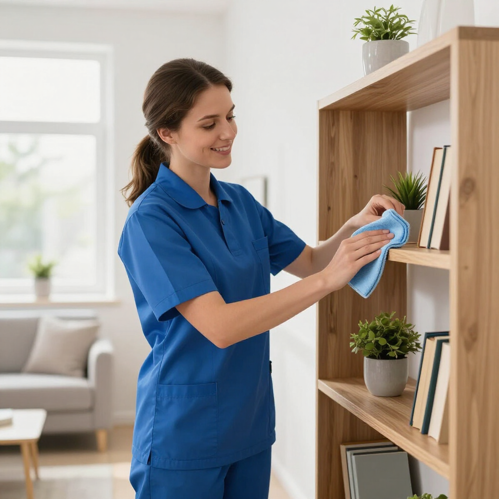 Person in blue uniform dusting a wooden bookshelf in a bright living room.