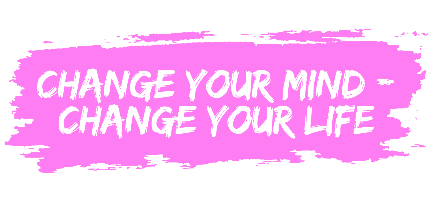 White text on a pink brushstroke: 
