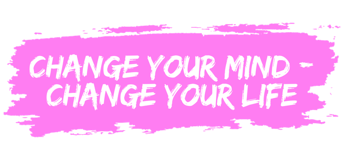 Pink brushstroke with white text: 