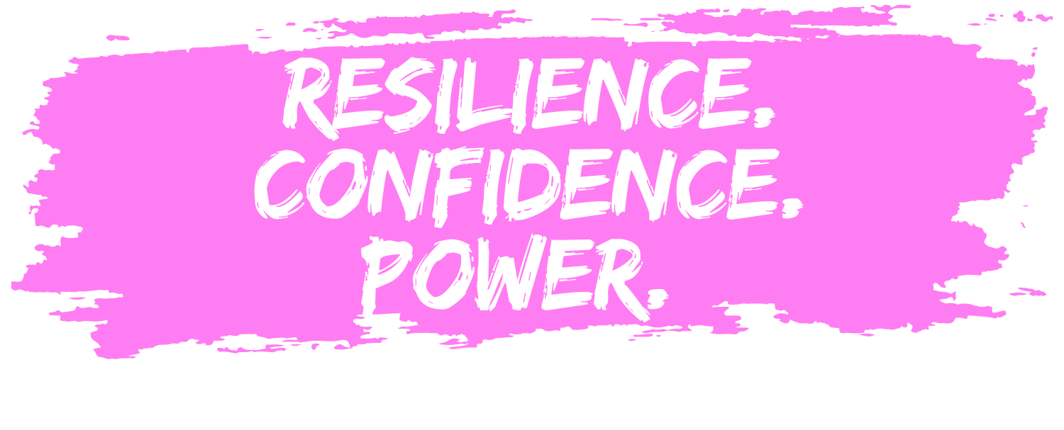 Pink brushstroke with white text: RESILIENCE. CONFIDENCE. POWER.