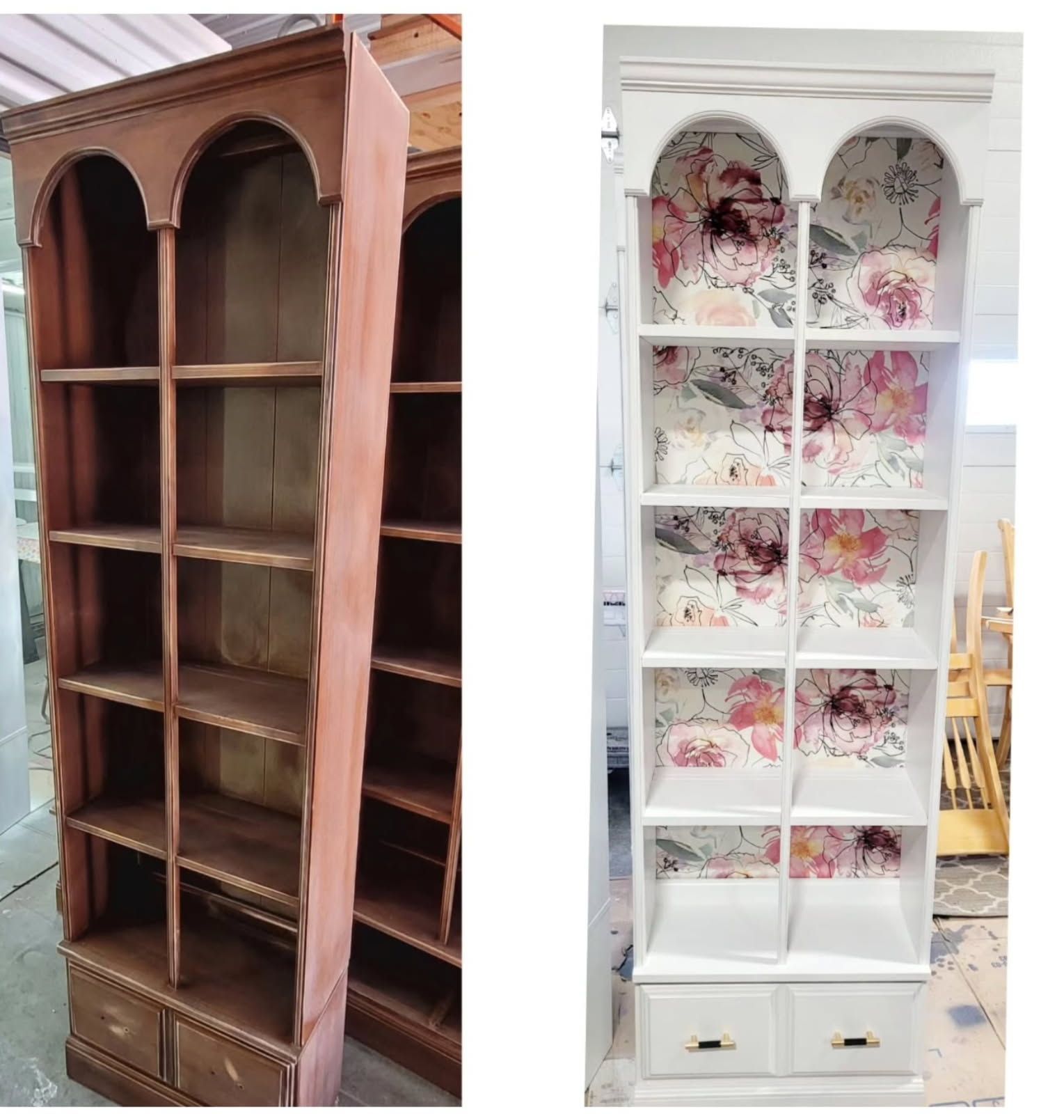 Wooden arched display cabinet beside a white cabinet lined with pink floral fabric and drawers