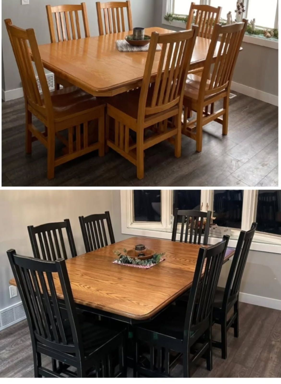 Two dining tables: a honey wood set above and a black wood set below, both with matching chairs.