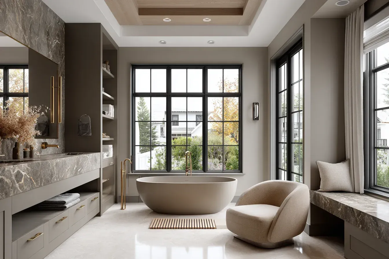 Bathroom renovations Burnaby Deer Lake featuring spa-style shower systems, marble wall tile installation, heated porcelain flooring, and high-end bathroom renovation companies Burnaby BC.
Full bathroom remodel Burnaby including shower bench construction, Schluter tile edging profiles, double-sink vanity upgrades, and LED ambient lighting.
Burnaby BC bathroom renovation with floor-to-ceiling porcelain slabs, linear drains, backlit mirrors, and floating vanities for luxury remodels.