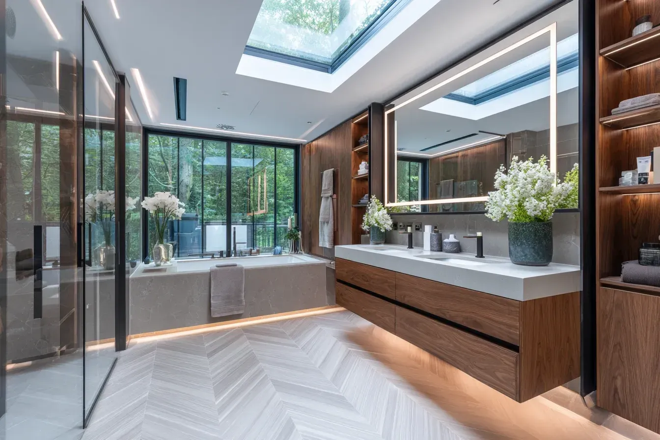 Bathroom renovations Burnaby BC with porcelain slab panel showers, chrome shower hardware, and premium tile waterproofing.
Burnaby bathroom remodel installing mosaic tile shower bases, recessed LED ceiling panels, and floating vanity cabinetry.
Bathroom renovation Burnaby Metrotown with stone tile walls, polished grout joints, and upgraded plumbing lines.