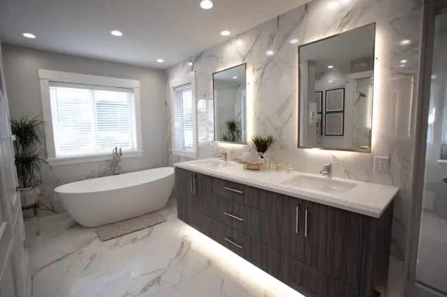 Burnaby bathroom remodelers installing built-in shelving, recessed medicine cabinets, and gloss-finish ceramic tiles.
Bathroom renovations Burnaby BC with complete shower rebuilds, drain upgrades, and high-performance waterproofing.
Burnaby bathroom remodeling services offering shower tile replacement, backsplash updates, and vanity upgrades.
Bathroom renovation Burnaby with subway tile installation, brushed brass fixtures, and new countertop materials.
Bathroom remodel Burnaby BC featuring luxury marble tiles, LED vanity mirrors, and custom cabinet finishing.