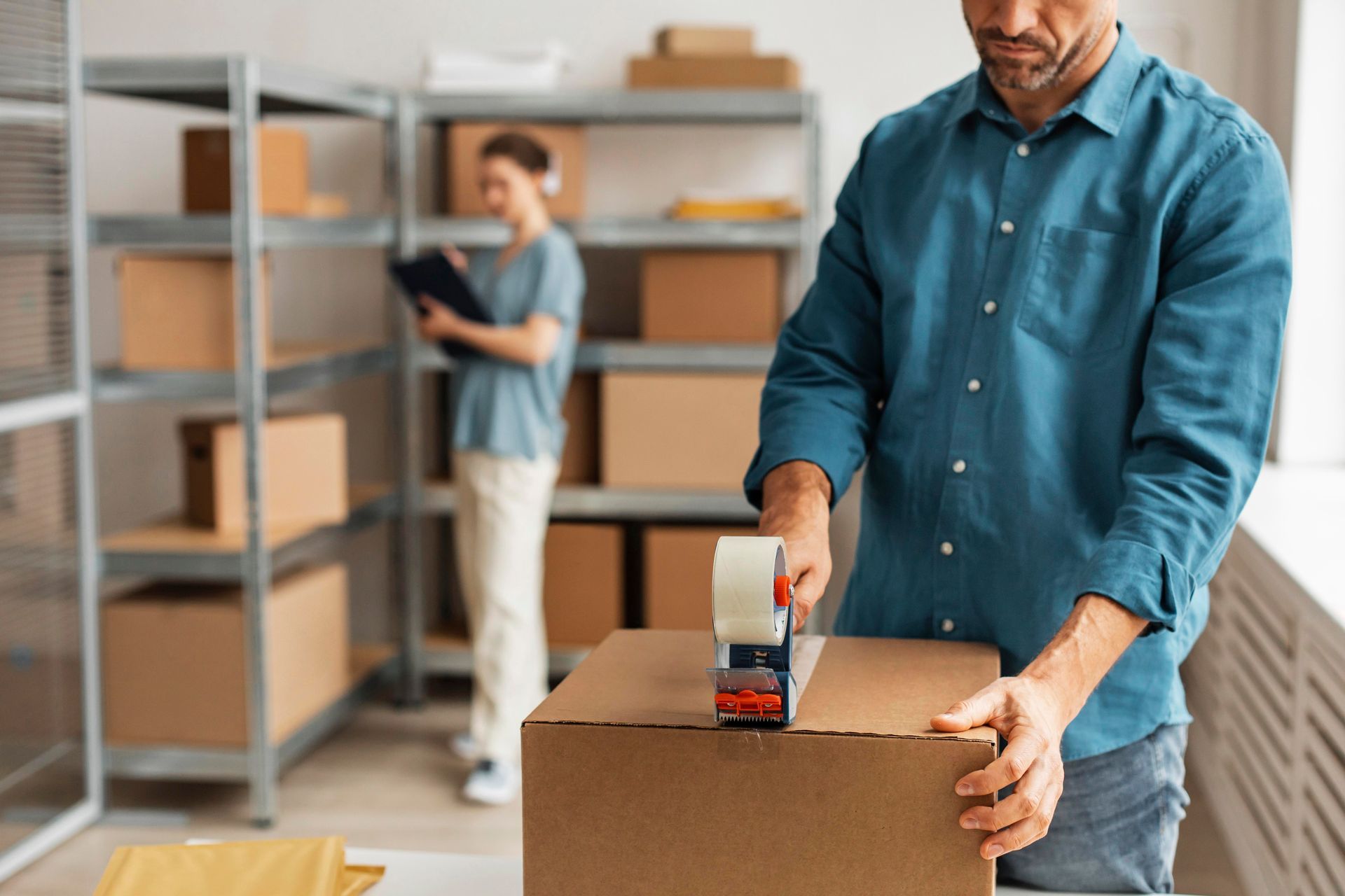 A man is taping a cardboard box in a warehouse.