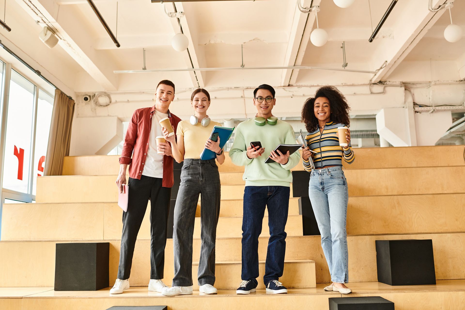 A group of young people are standing on a set of stairs.