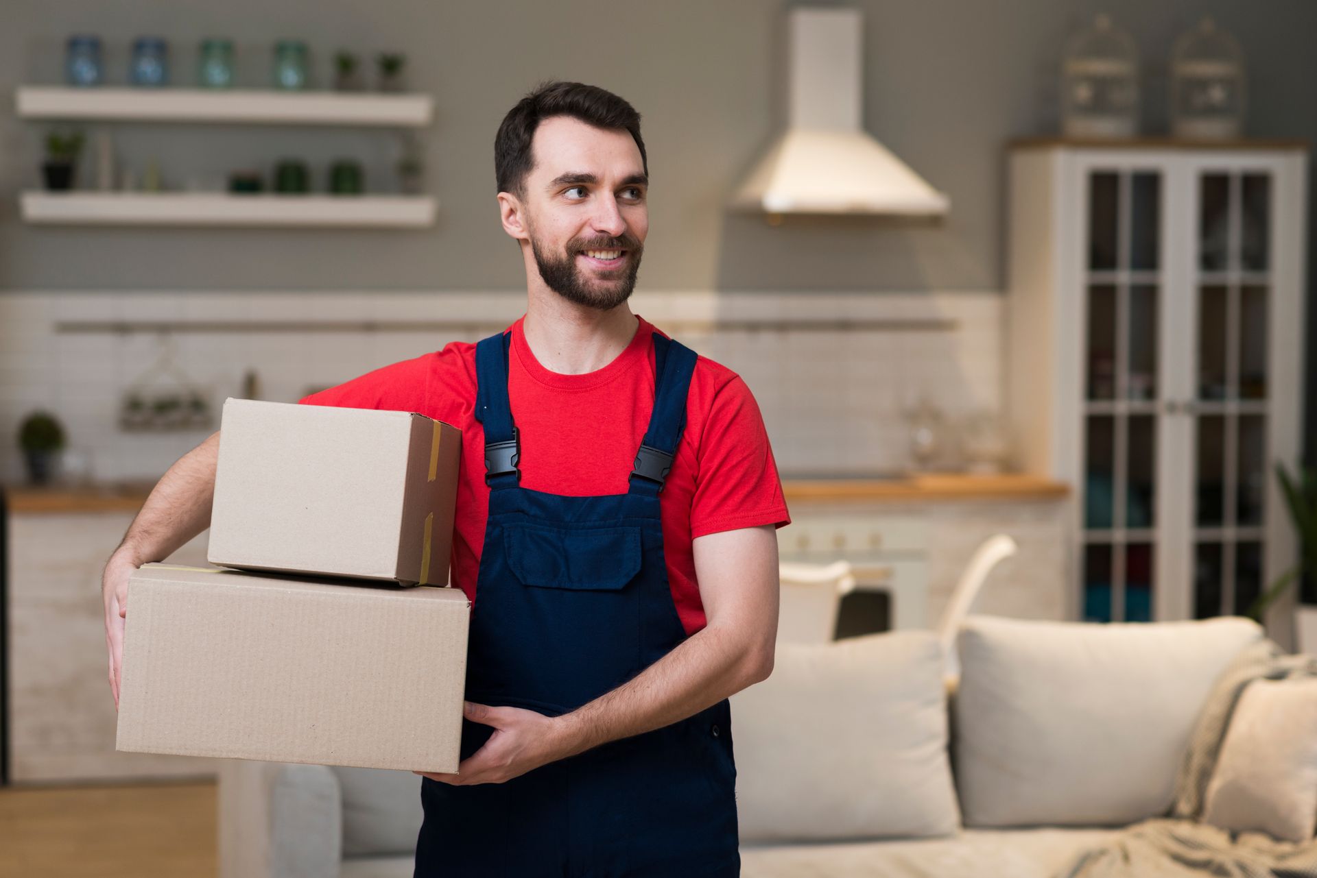 A man is holding a stack of cardboard boxes in a living room.