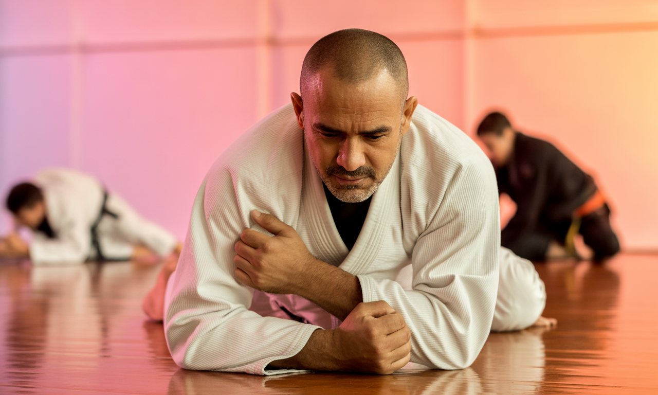 A man in a white BJJ gi is preparing on the floor