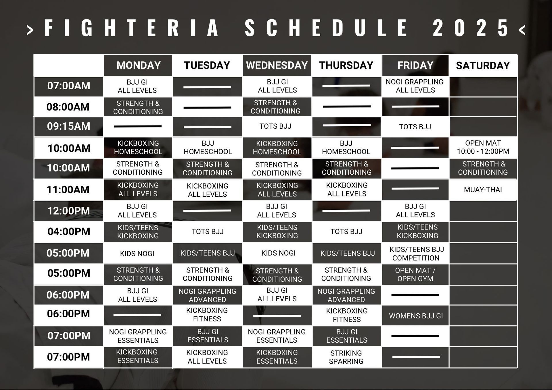 A fighteria schedule for the year 2025