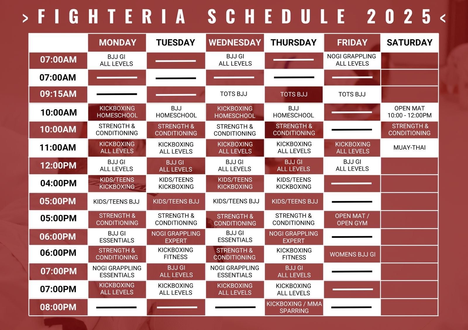 A fighteria schedule for the year 2025