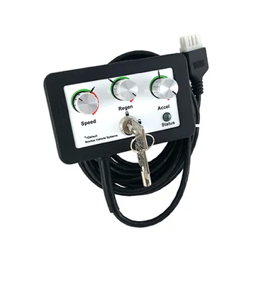 Steering wheel with digital dashboard displaying speed and driving information.