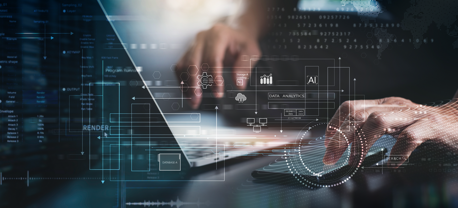 A man is typing on a laptop computer with a futuristic screen behind him.