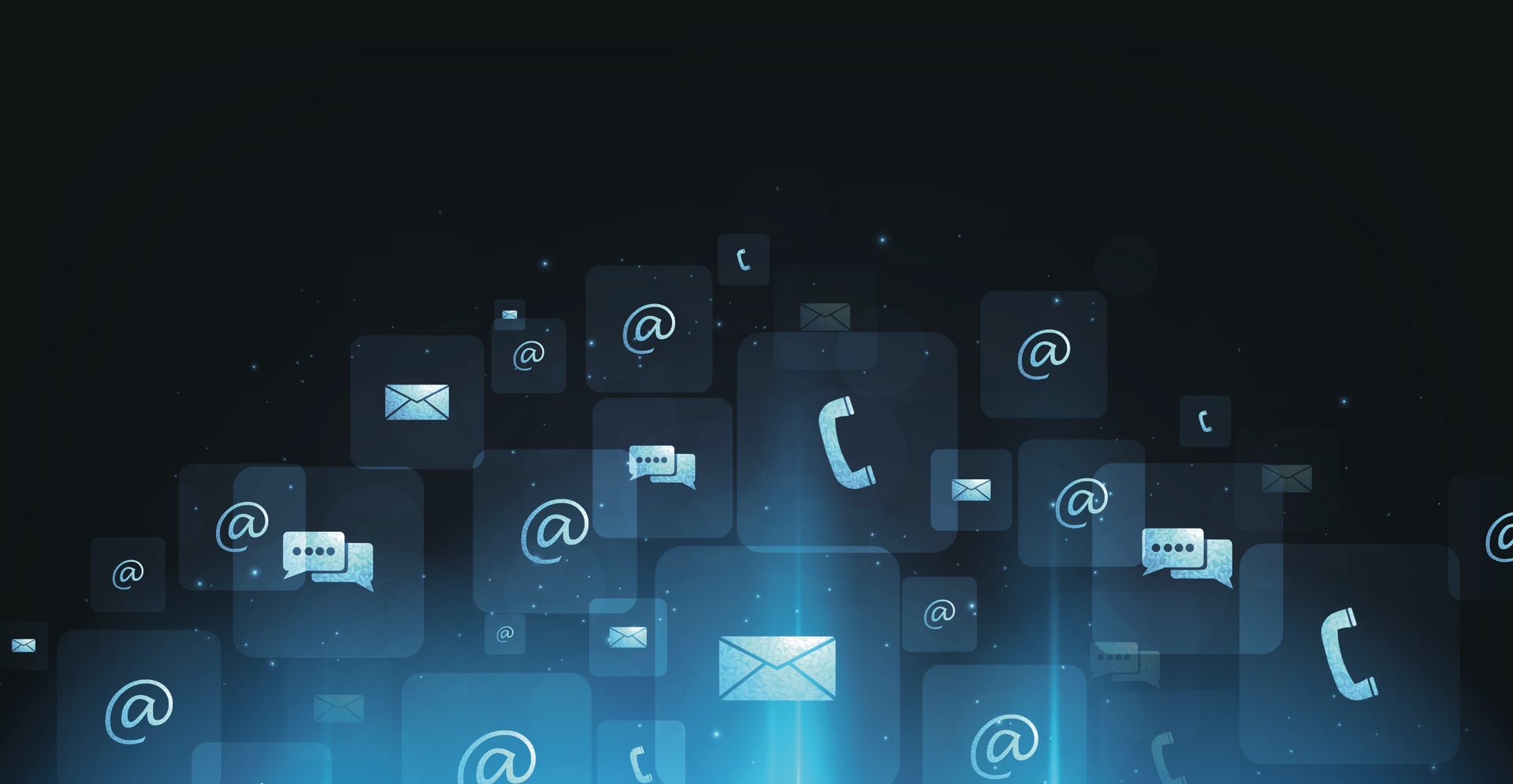 A bunch of icons are floating in the air on a black background.