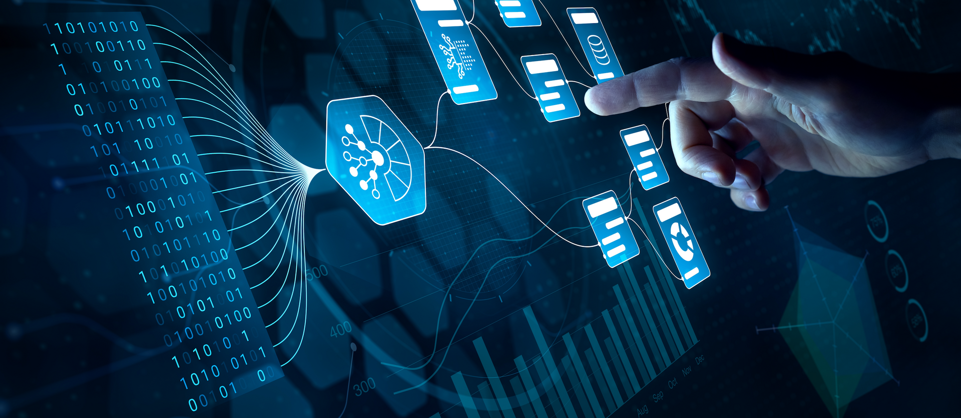 A person is pointing at a computer screen with a graph on it.