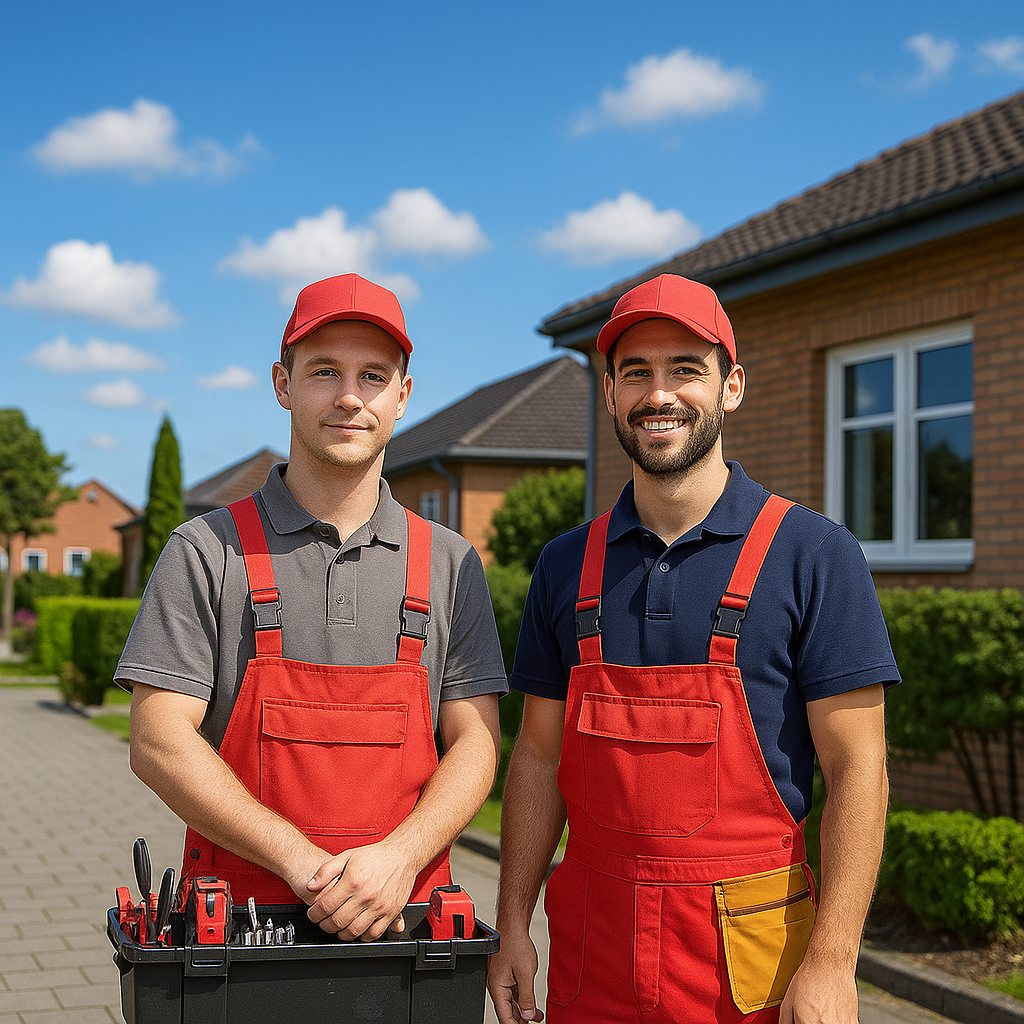 Two workers in red overalls and caps standing outside a house with tools on a cart