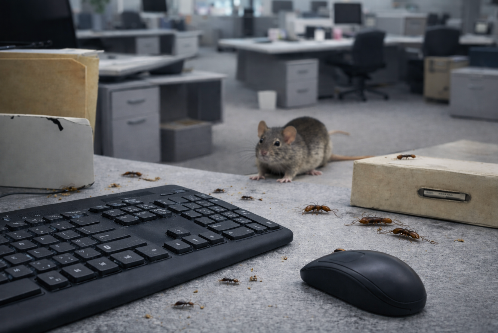 Mouse on dusty office desk beside keyboard and computer mouse