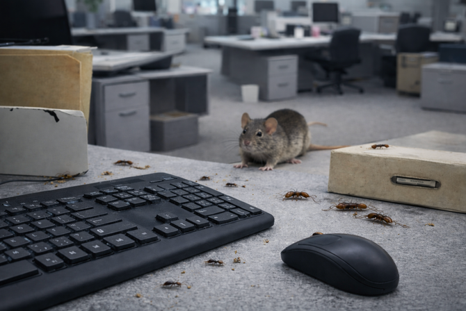 Rat on an office desk beside a keyboard and mouse, with scattered crumbs in a gray workspace.