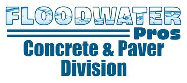 Logo for Floodwater Pros: Concrete & Paver Division, blue text with water design.