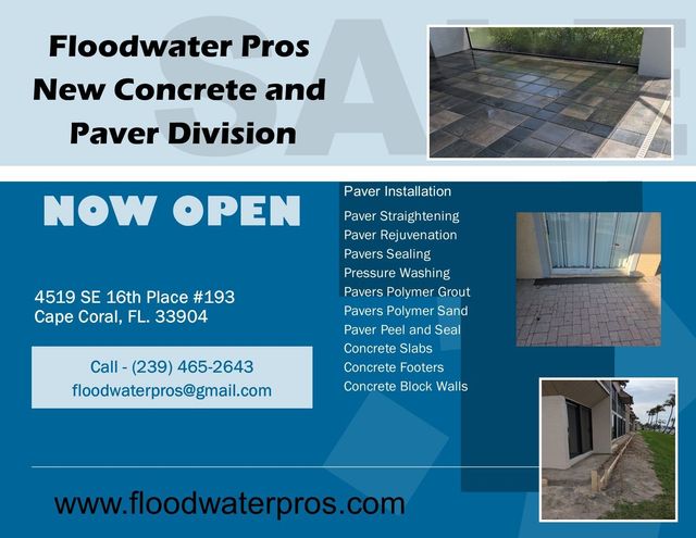 Advertisement for Floodwater Pros' new concrete and paver division in Cape Coral, FL.
