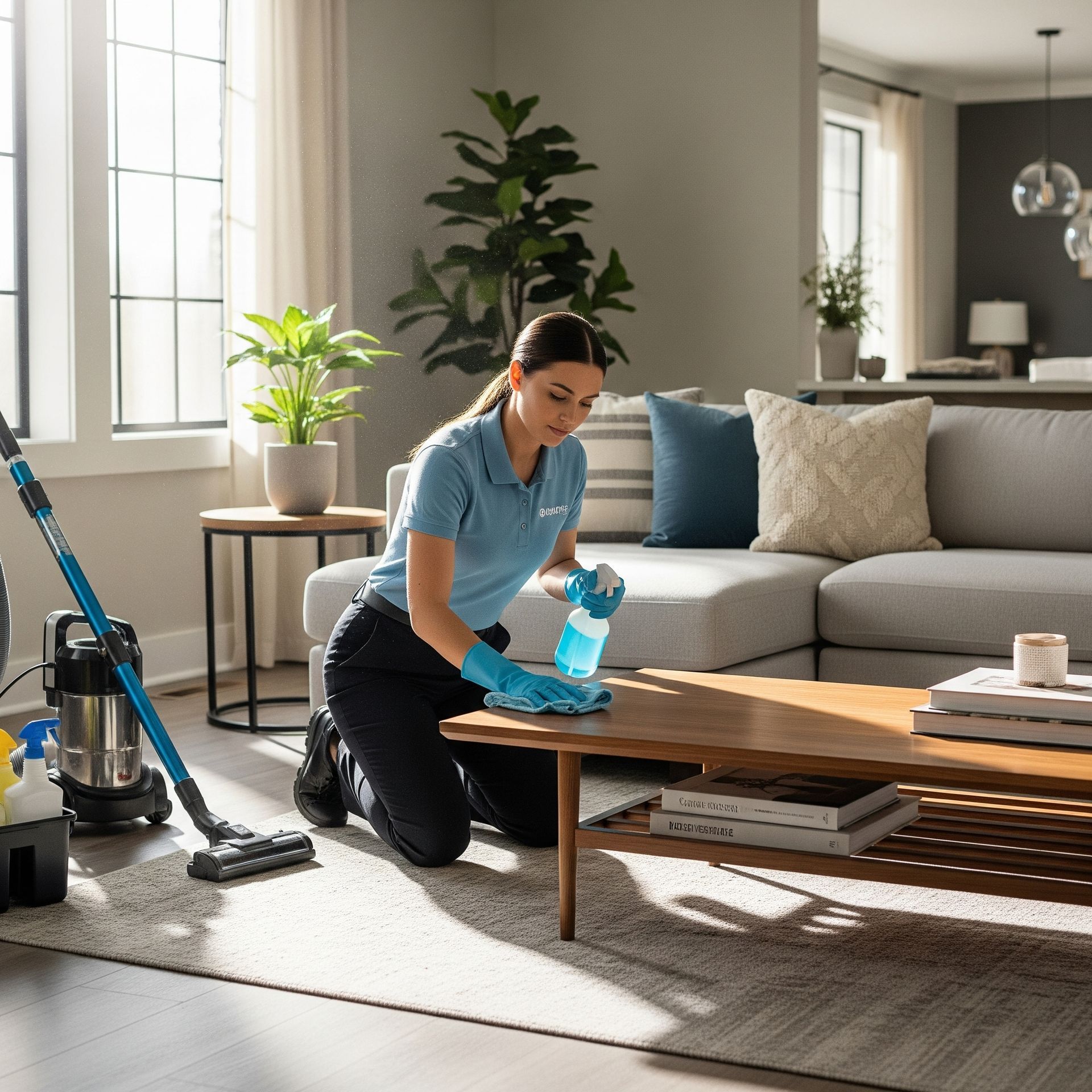 A professional female cleaner in a blue polo shirt and gloves, kneeling to wipe a coffee table.