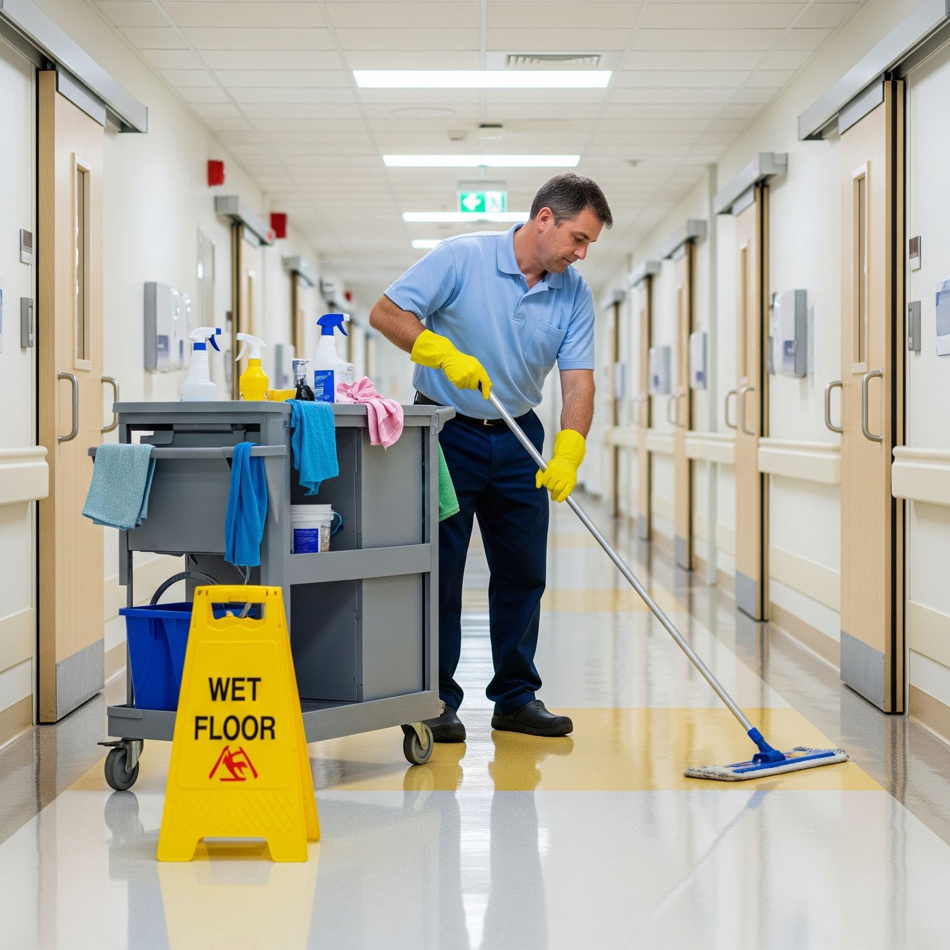 A janitor cleaning the floor of a medical clinic hallway with a mop and a yellow wet floor sign.