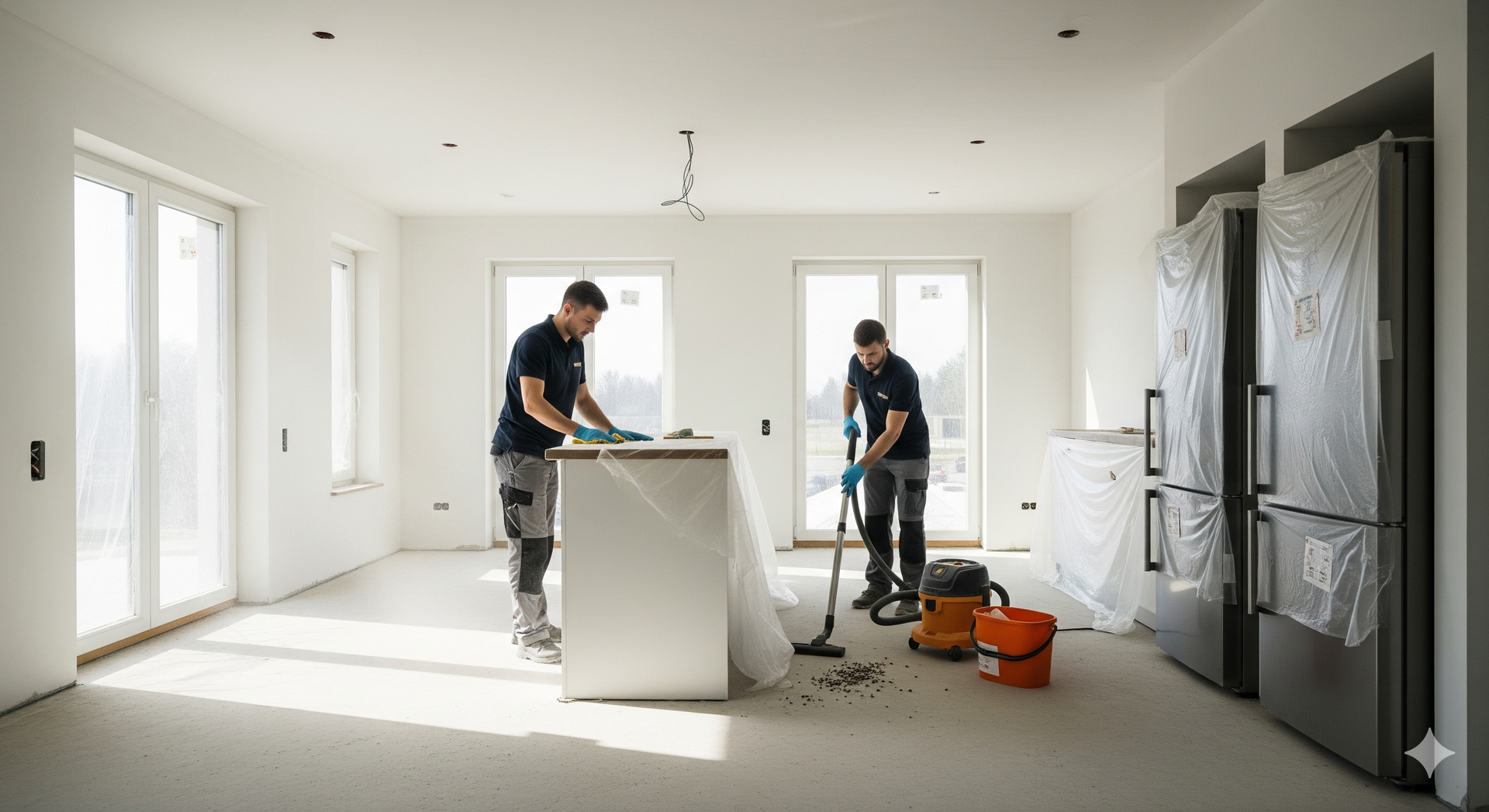 Post-construction cleaning Texas showing workers deep cleaning a renovated modern home interior