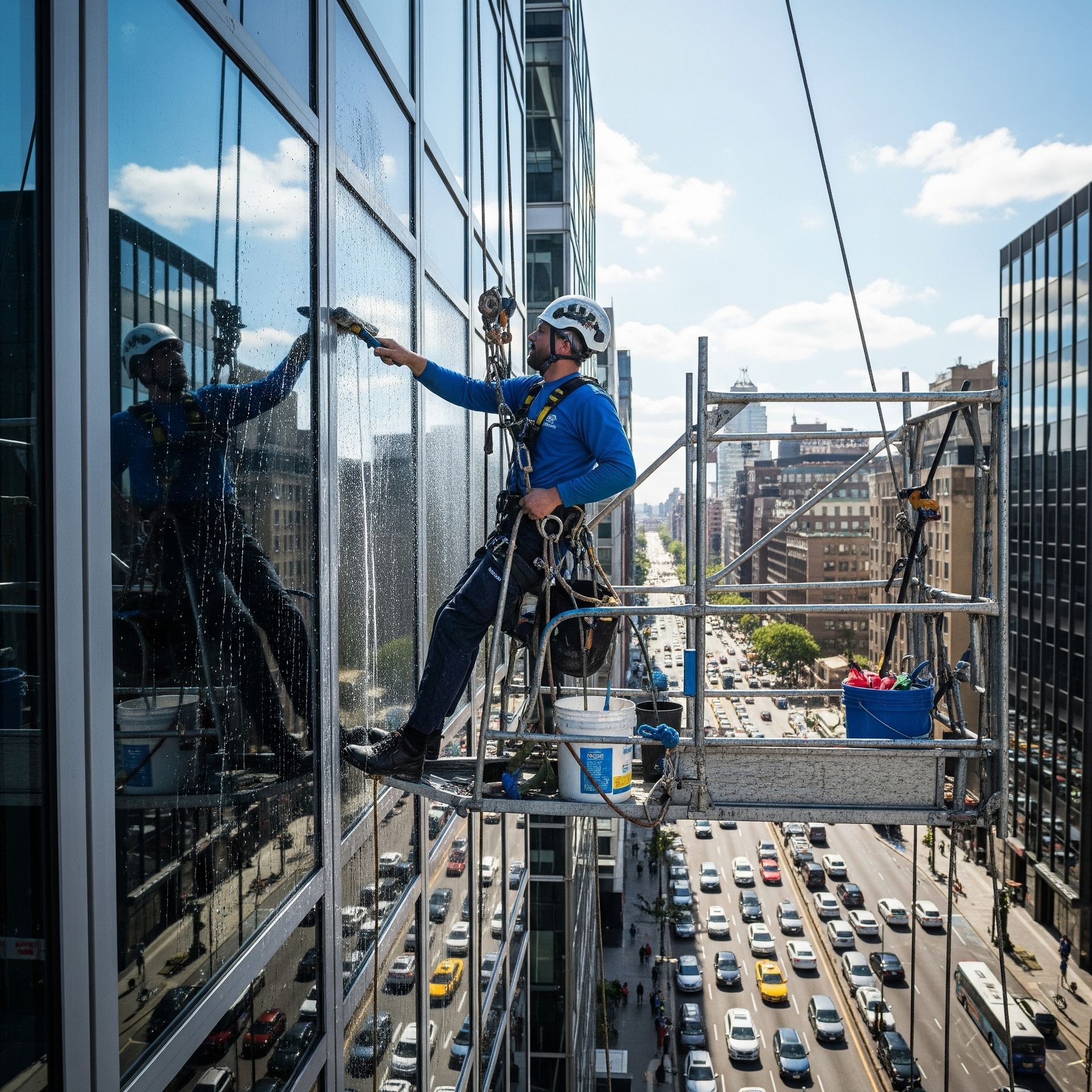 A commercial window cleaner on a scaffold, cleaning a skyscraper window with a city street below.