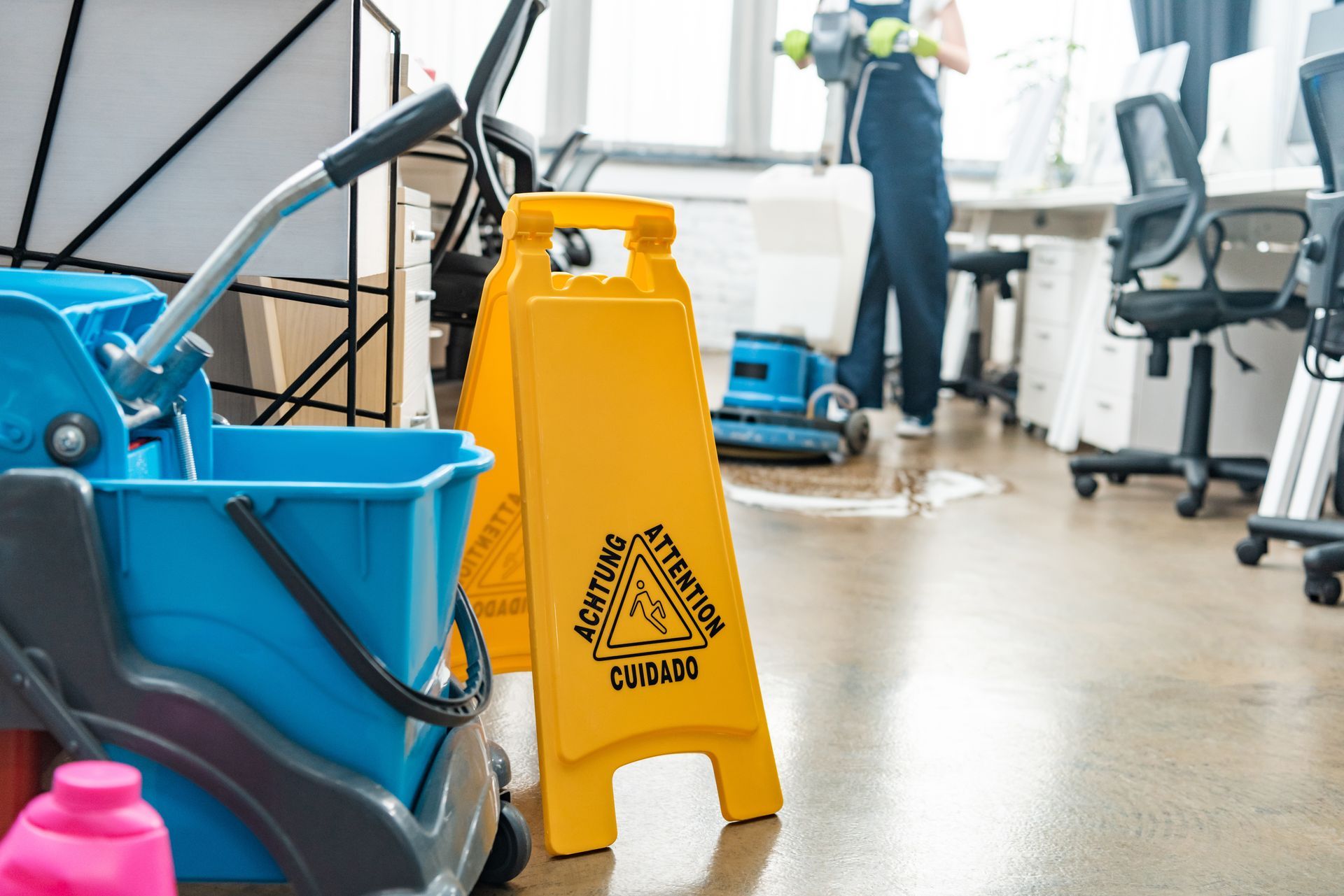 A man is cleaning the floor of an office with a yellow caution sign.