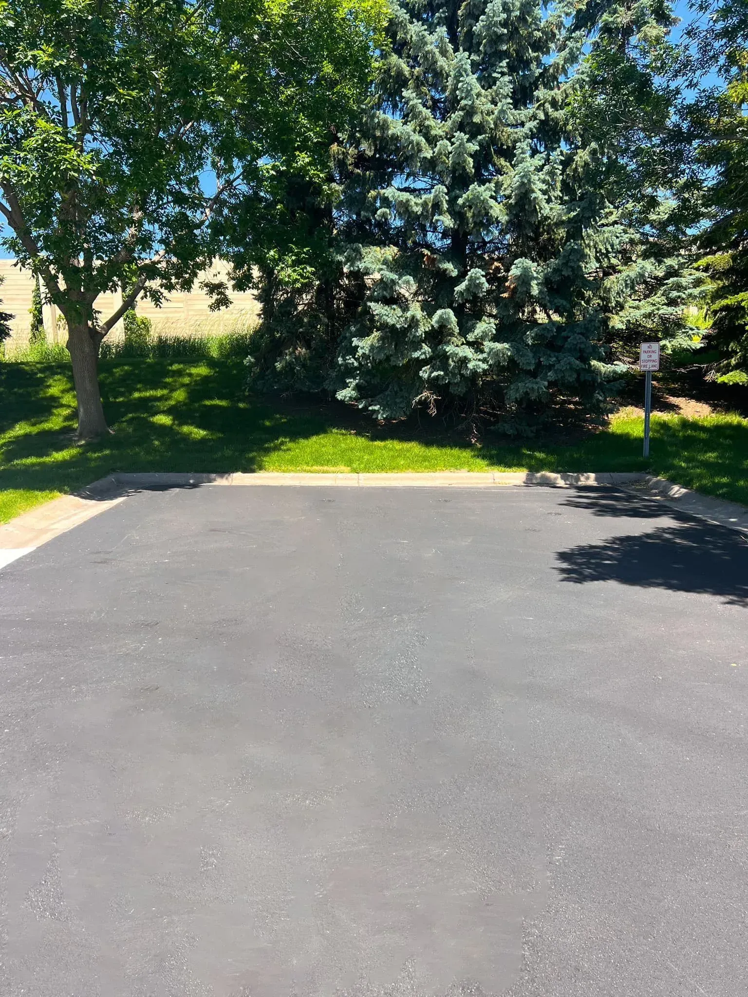 Empty paved parking spot with a grassy strip and trees in the background.