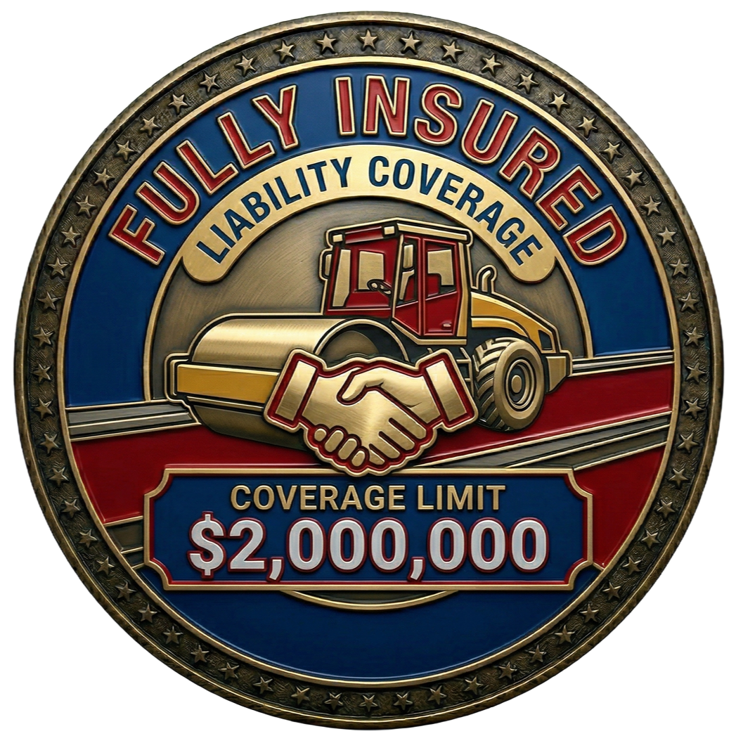 A circular seal featuring a red steamroller, a handshake icon, and the text 