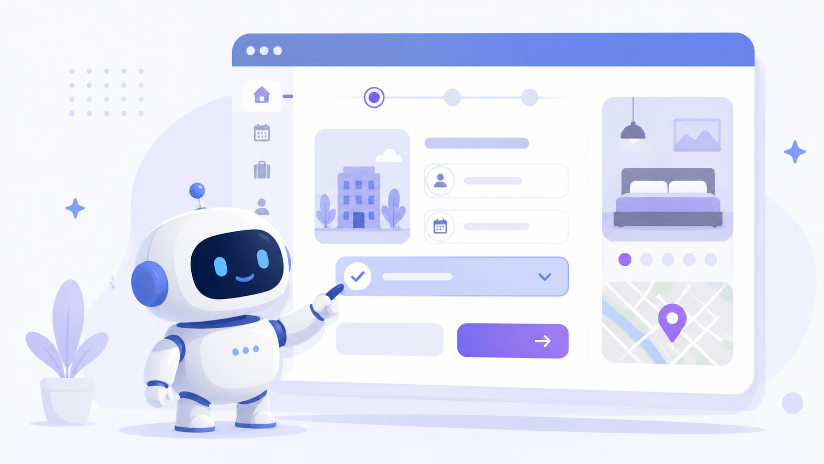 Futuristic illustration of a small friendly robot character interacting with a website interface to complete a task