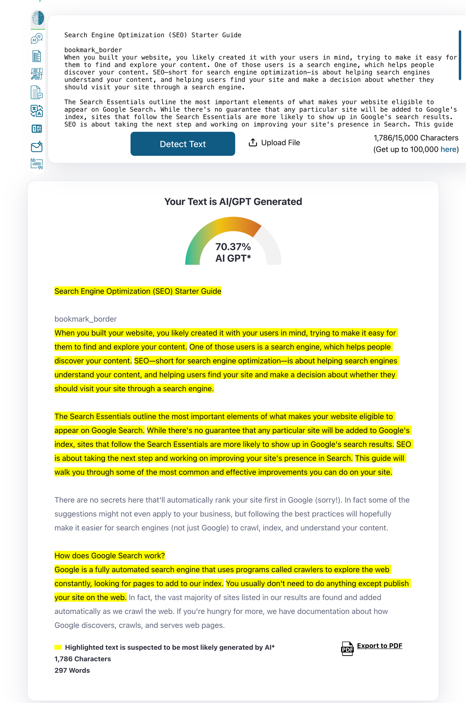 showing google search console content in a Ai detector showing 70% AI written