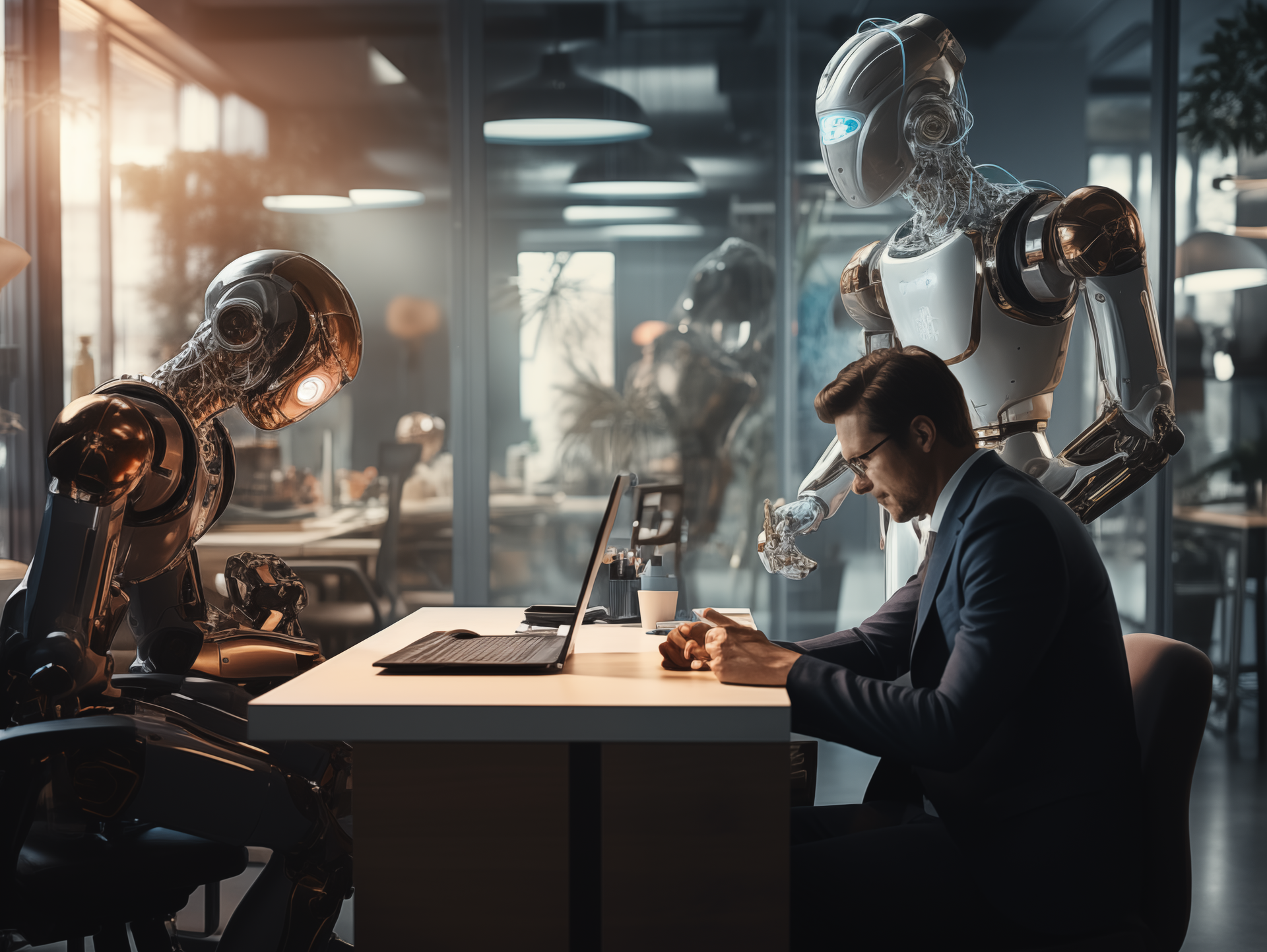 a man sits at a desk with two robots behind him