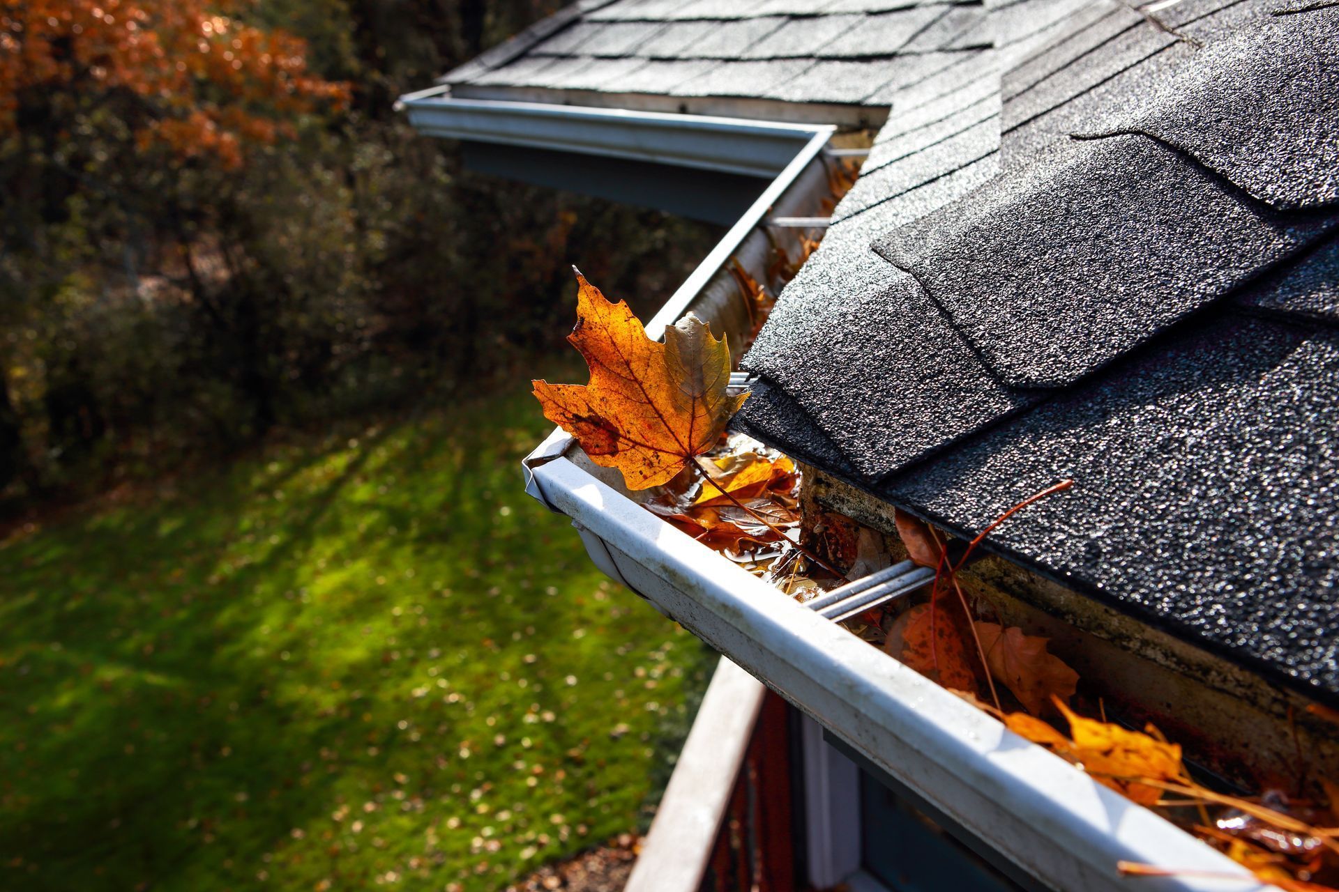 Gutters with leaves representing gutter website design for Advanced Seamless Gutters